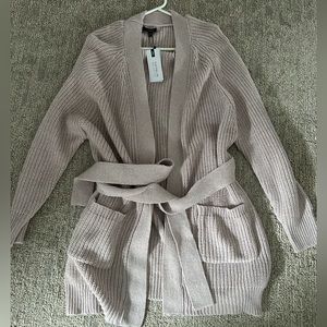 Long belted cardigan sweater